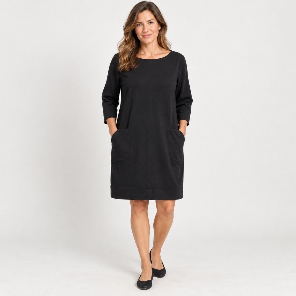 J. Jill Ponte Shift Dress Womens Large Black 3/4 Sleeve Pockets Minimalist